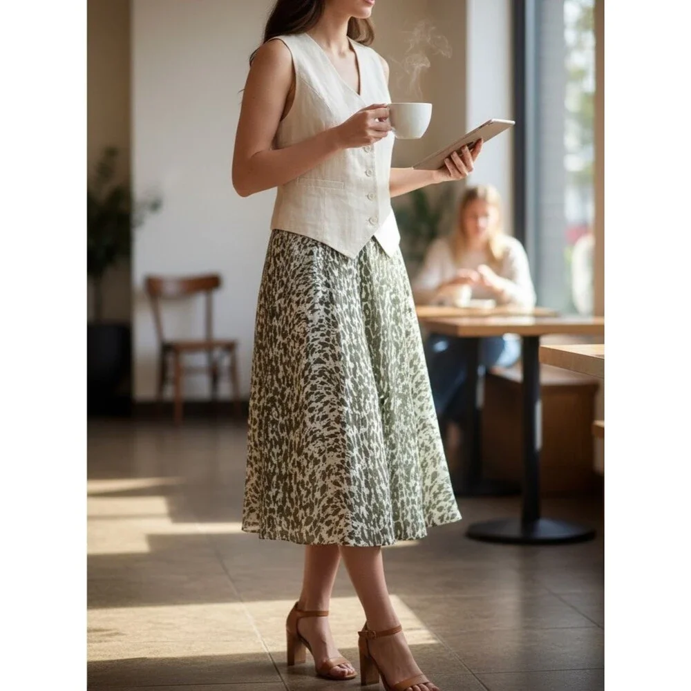 J.Crew 100% Silk Animal Print A-Line Skirt Size 8 Olive Green Midi